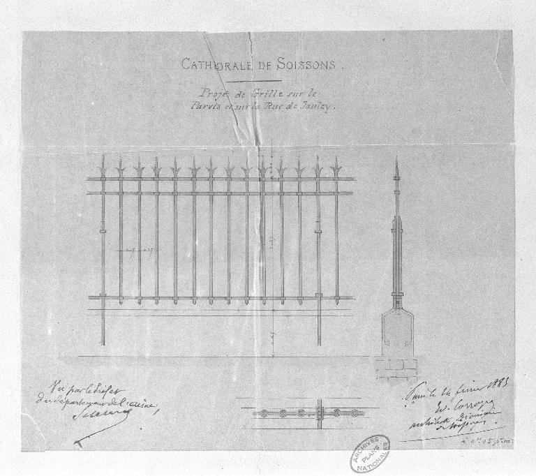 Projet de grille à établir autour des anciens bâtiments capitulaires, dessiné le 24 février 1883 par l'architecte diocésain Édouard Corroyer (AN : F 19 7889).