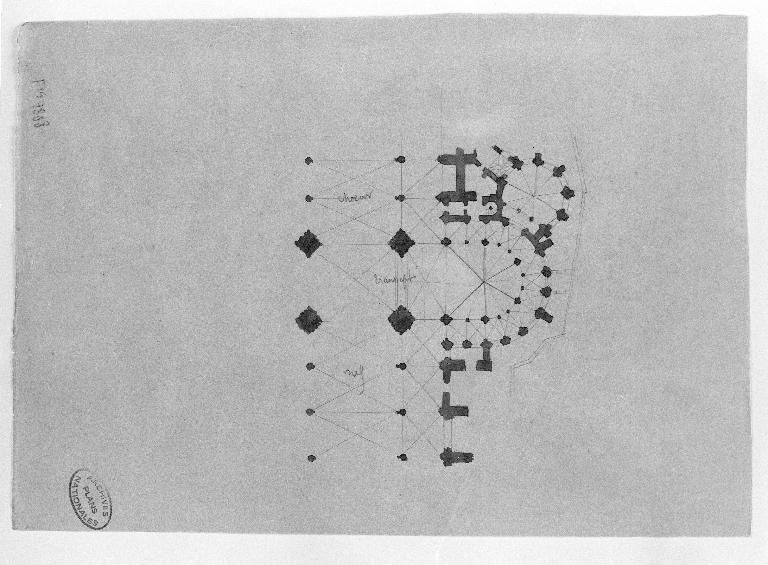 Plan du bras sud du transept et de la chapelle attenante, dessiné vers 1875 par un architecte diocésain dans le cadre de sa restauration (AN : F 19 7888).
