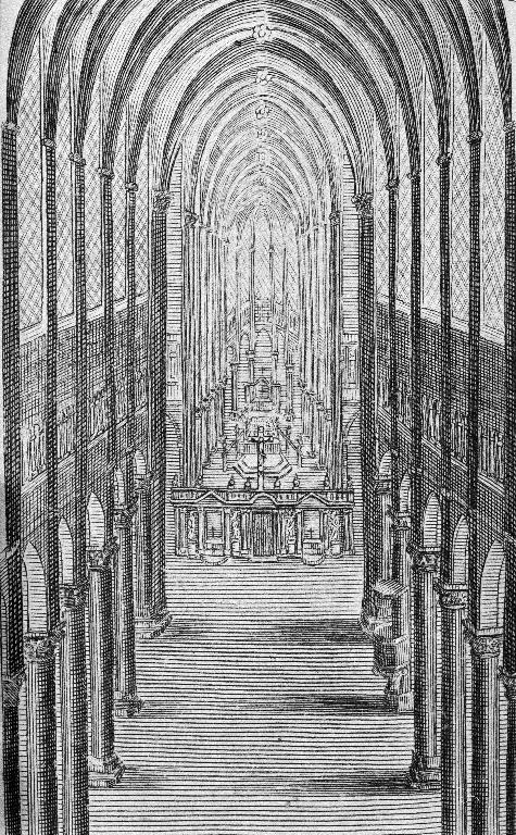 Gravure réalisée vers 1742, représentant le vaisseau central de la cathédrale (Breviarium Suessionense, Illustrissimi & Reverendissimi in Christo Patris D. D. Francisci, Ducis de Fitz-James).