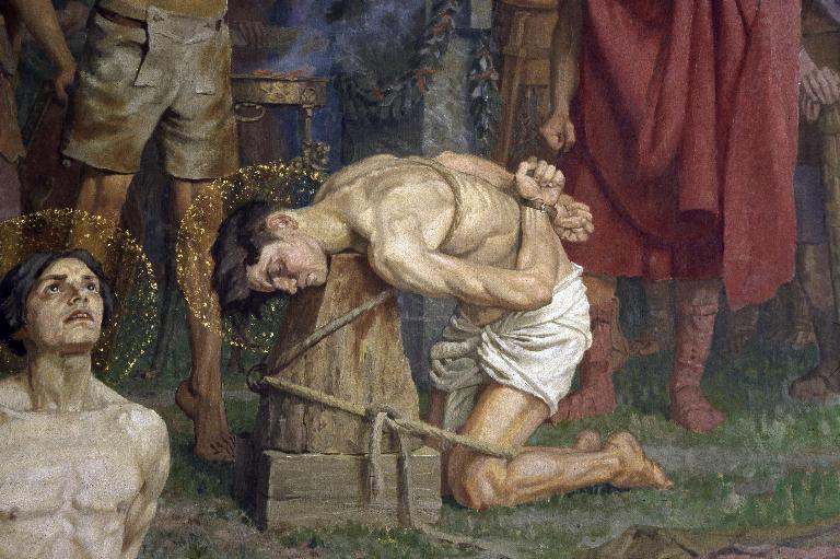 Détail du tableau : l'un des deux frères sur le point d'être décapité.