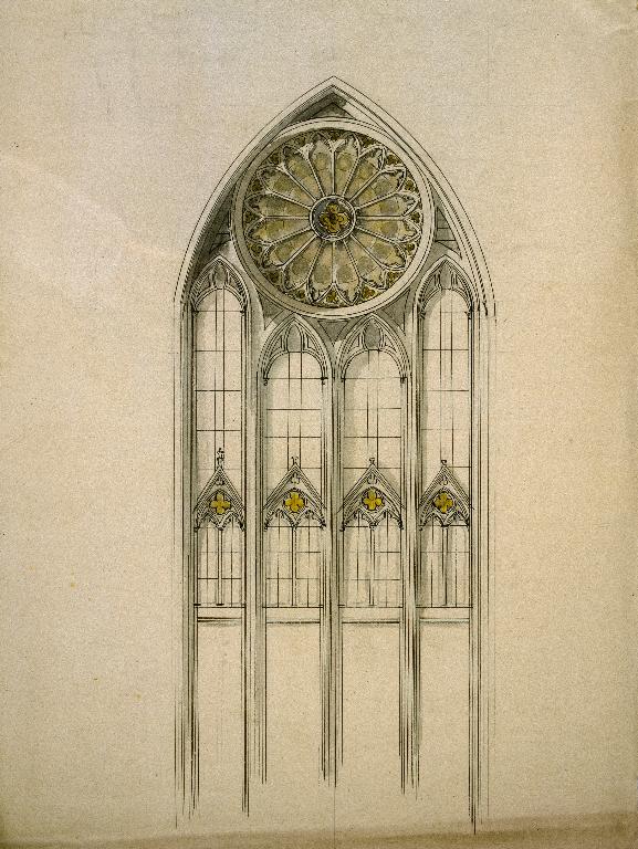 Dessin aquarellé montrant la baie 121, avant la pose de verrières figurées par Édouard Didron en 1879-1880 (A Évêché Soissons : P Soissons-Cathédrale 3 D).