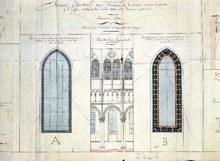 Plans, élévations et coupes de travaux à éxécuter à la cathédrale de Soissons au cours de l'exercice 1842, dessinés par l'architecte départemental H. van Cléemputte : détail relatif à un projet de verrières (AN : F 19, carton 7887).