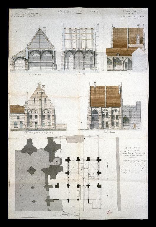 Plan, élévations et coupes de l'ancienne salle capitulaire, dessinés en 1875 par l'architecte diocésain Édouard Corroyer (AN : F 19 7887). ; Plan, élévations et coupes de l'ancienne salle capitulaire, dessinés en 1875 par l'architecte diocésain Édouard Corroyer (AN : F 19 7887). ; Plan, élévations et coupes de l'ancienne salle capitulaire, dessinés en 1875 par l'architecte diocésain Édouard Corroyer (AN : F 19 7887).