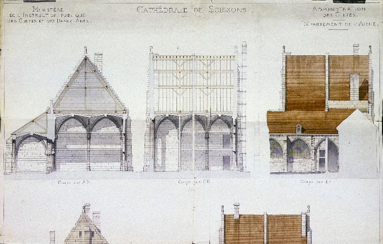 Coupes longitudinale et transversale de l'ancienne salle capitulaire, dessinées en 1875 par l'architecte diocésain Édouard Corroyer (AN : F 19 7887).
