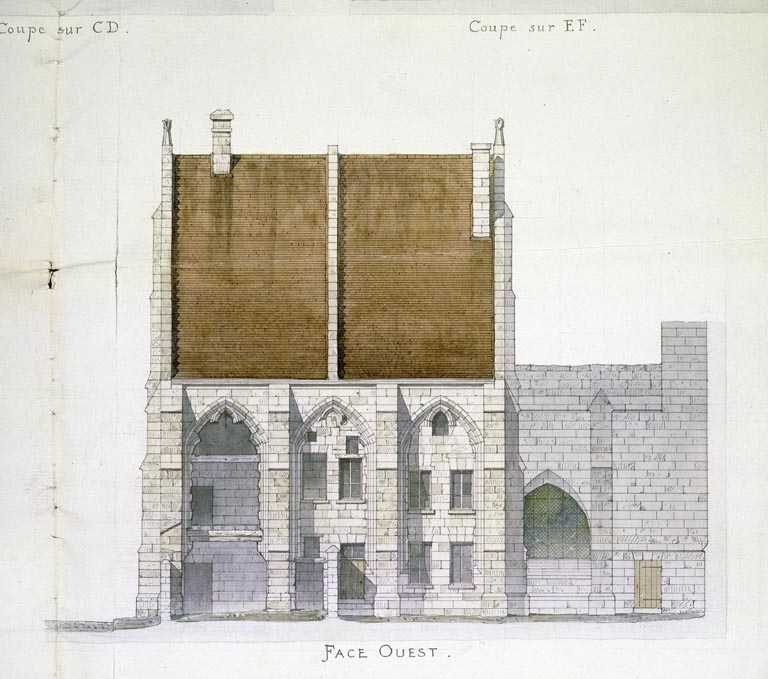 Élévation occidentale de l'ancienne salle capitulaire, dessinée en 1875 par l'architecte diocésain Édouard Corroyer (AN : F 19 7887).