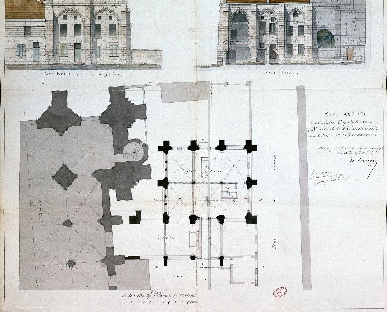 Plan au sol de l'ancienne salle capitulaire et du cloître, dessiné en 1875 par l'architecte diocésain Édouard Corroyer (AN : F 19 7887).