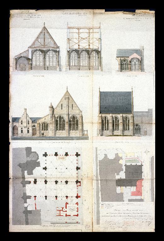 Projet de restauration de l'ancienne salle capitulaire : plan, élévations et coupes, dessinés en 1875 par l'architecte diocésain Édouard Corroyer (AN : F 19 7889). ; Projet de restauration de l'ancienne salle capitulaire : plan, élévations et coupes, dessinés en 1875 par l'architecte diocésain Édouard Corroyer (AN : F 19 7889). ; Projet de restauration de l'ancienne salle capitulaire : plan, élévations et coupes, dessinés en 1875 par l'architecte diocésain Édouard Corroyer (AN : F 19 7889).