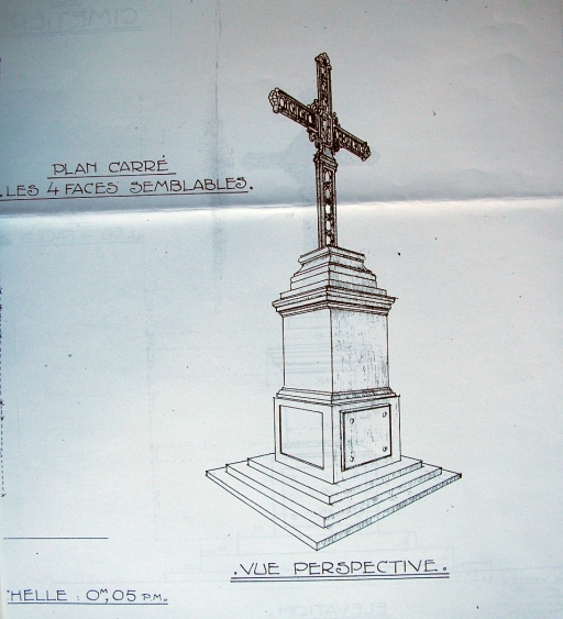 Dessin du monument communal du cimetière extrait des dossiers de dommages de guerre (A.D. Aisne : 15 R 1300).