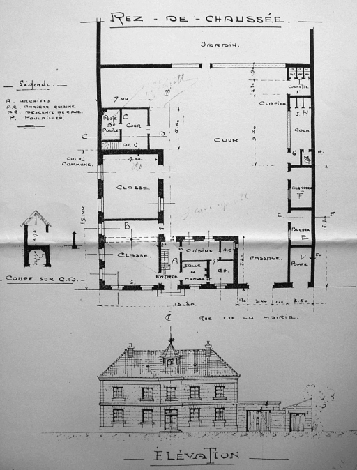 Plan et élévation de la mairie-école extrait du dossier de Dommages de Guerre (A.D. Aisne : 15 R 1300).