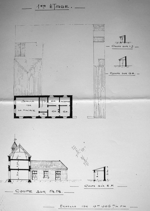 Plan et élévation de l'ancienne école de garçons extraits du dossier de Dommages de Guerre (A.D. Aisne : 15 R 1300).