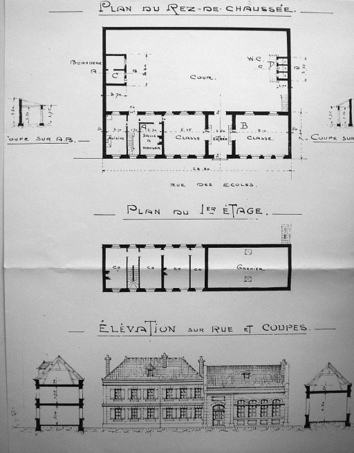 Plan et élévation de l'école des filles extraits du dossier de dommages de Guerre (A.D. Aisne : 15 R 1300).