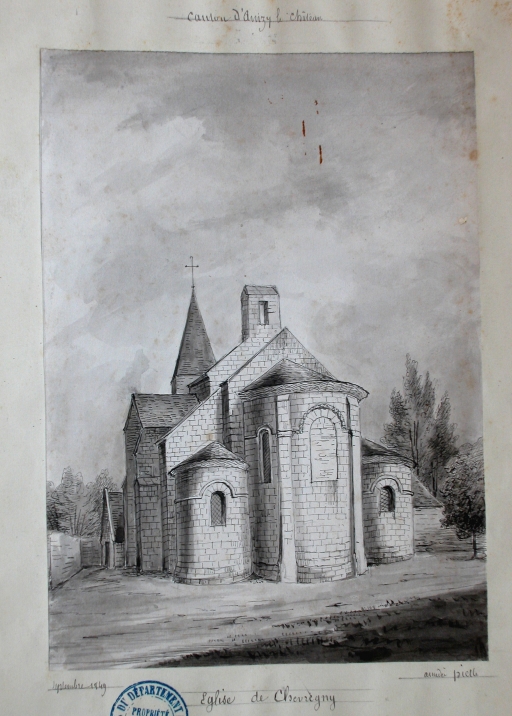 Dessin de l'ancienne église (A.D. Aisne : 8 Fi Chevregny 1).