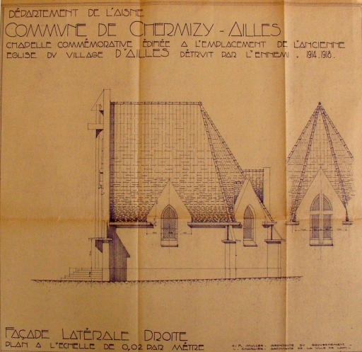 Dessin de la façade latérale droite du projet de chapelle d'Ailles (A.D. Aisne : 15 R 1968).