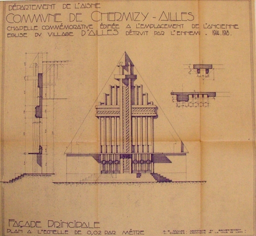 Coupe de la façade principale du projet de la chapelle d'Ailles (A.D. Aisne : 15 R 1968).