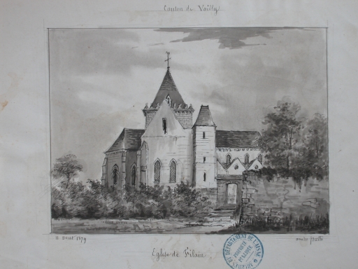 Dessin de l'église d'avant-guerre (A.D. Aisne : 8 Fi Filain 1).