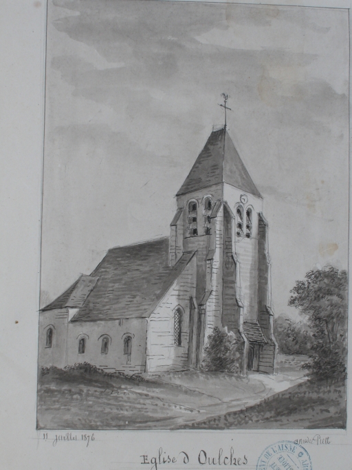 Dessin de l'ancien édifice (A.D. Aisne : 8 Fi Oulches 1).