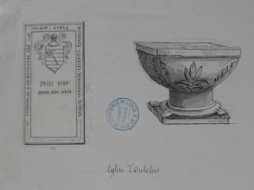 Dessin des fonts baptismaux et de la plaque funéraire (A.D. Aisne : 8 Fi Oulches 2).