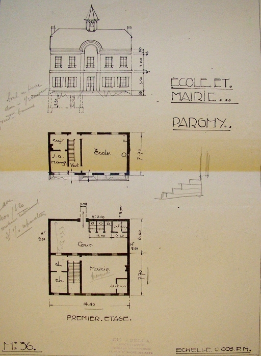 Plan et coupe du bâtiment extrait du dossier de dommages de guerre (A.D. Aisne : 15 R 1579/6611).