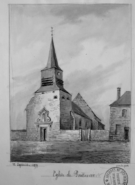 Dessin présentant l'église au 19e siècle (A.D. Aisne : 8 Fi Pontavert 1).