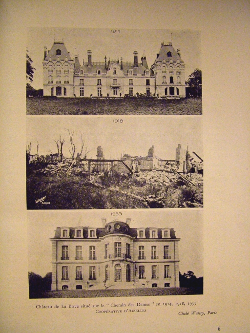 Planche présentant l'état du château avant, pendant et après la guerre (SARS, Maxime (de), 1937, p. 6).