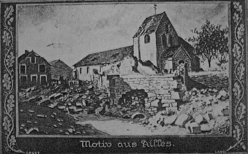 Dessin de l'église d'Ailles pendant les conflits (Coll. Part.).