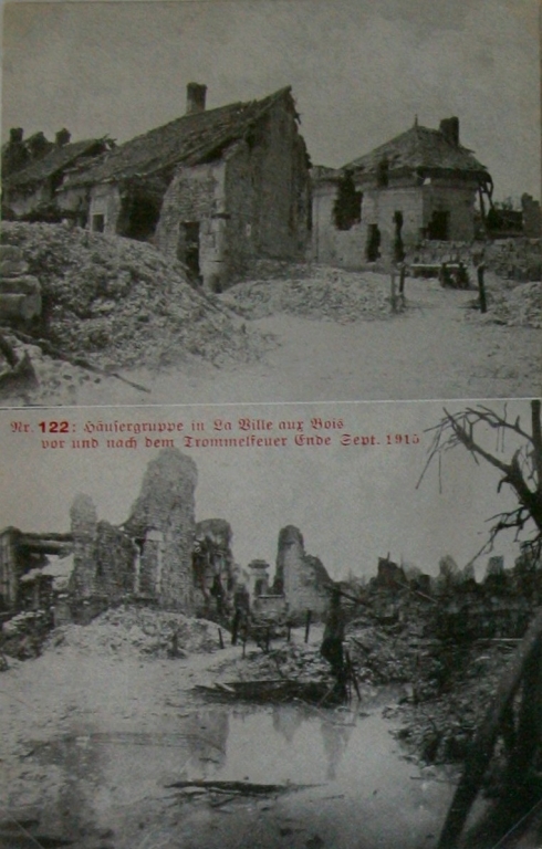 Vue d'un groupe de maisons avant et après septembre 1915.