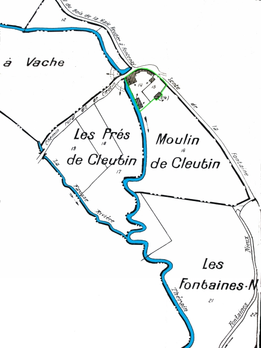Plan masse du moulin, extrait du plan cadastral de la commune de Fontenay-Torcy, section B, 1ere feuille, 1980.