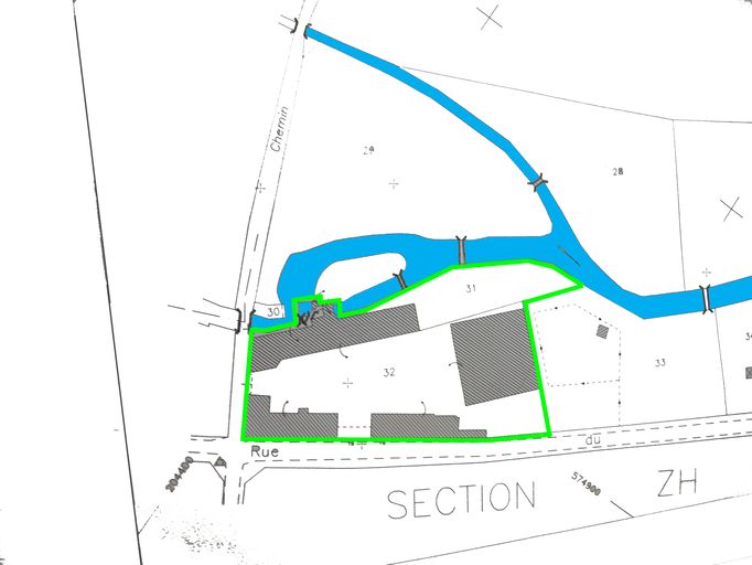 Plan masse de la minoterie, extrait du plan cadastral de la commune, section AA, 1999.