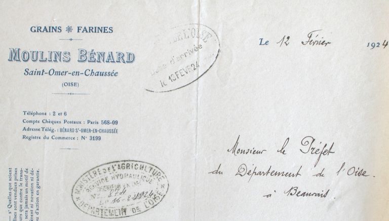 En-tête de lettre commerciale de la minoterie Bénard, 1924.