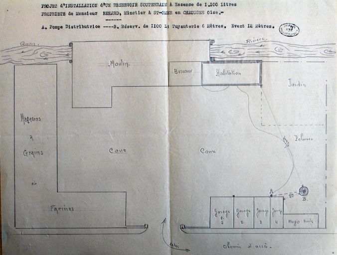 Plan schématique de la minoterie Bénard pour l'installation d'un dépôt souterrain d'esence, 1935.