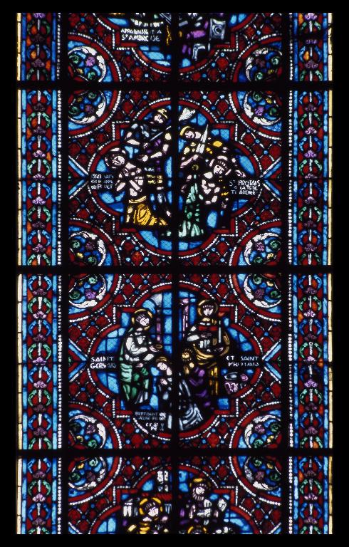 Verrière légendaire (vitrail archéologique, verrière hagiographique) : scènes de l'histoire de saint Laurent, scènes de l'histoire de saint Gervais et saint Protais (baie 11)