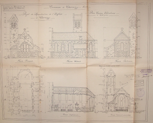 Plan et coupes du projet de l'église (A.C. Chermizy Ailles : 4 H 31).