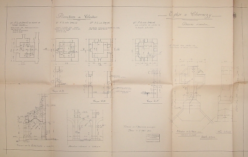 Plan et coupe du clocher (A.C. Chermizy Ailles : 4 H 31).