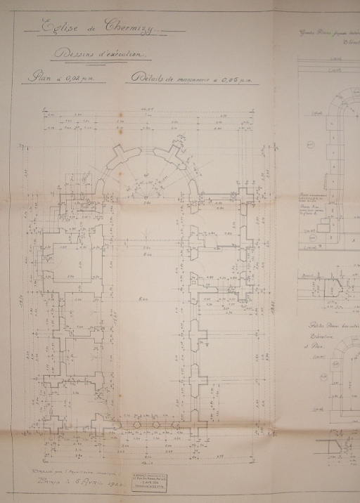 Plan de l'église le 5 avril 1924 (A.C. Chermizy Ailles : 4 H 31).