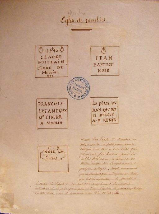 Dessin de plaques funéraires présentes dans l'église de Moulins à la fin du 19e siècle (A.D. Aisne : 8 Fi Moulins 3).
