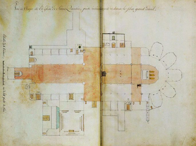 Plan détaillé de la collégiale et de ses annexes au 18e siècle, dessin aquarellé d'Edouard Pingret en 1804  (In : Vuës Extérieures et intérieures de l'Eglise de Saint Quentin [...]). ; Plan détaillé de la collégiale au 18e siècle, dessin aquarellé d'Edouard Pingret en 1804 (In : Vuës Extérieures et intérieures de l'Eglise de Saint Quentin [...]).