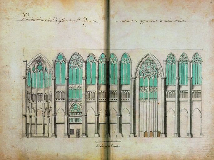 Coupe longitudinale sud, dessin aquarellé par Edouard Pingret en 1804  (In : Vuës Extérieures et intérieures de l'Eglise de Saint Quentin [...]).