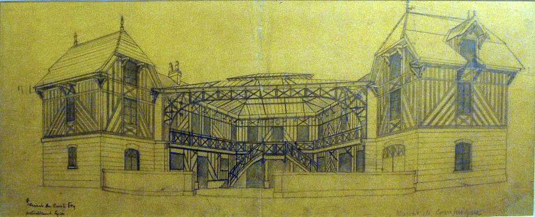 Écuries du comte Foy. Actuellement lycée Pierre-d'Ailly. Dessin au crayon sur calque, [ca 1878] (Compiègne, bibliothèque Saint-Corneille ; MOUR 67).