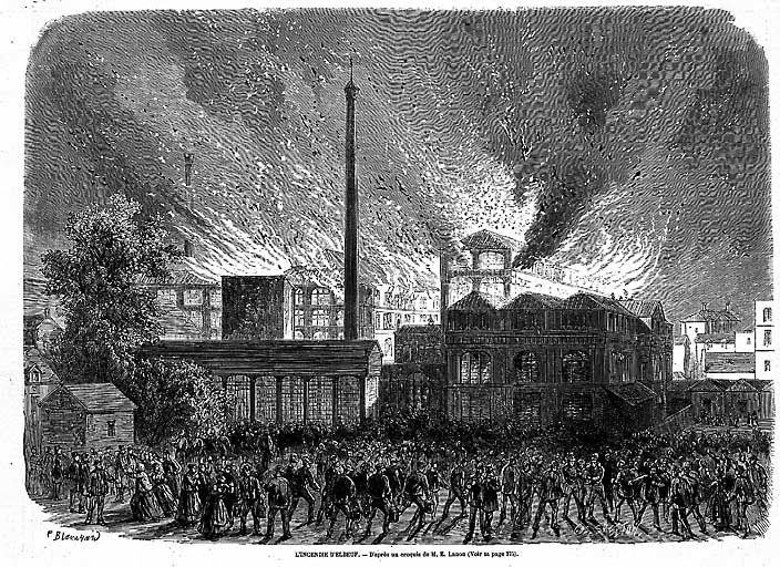 L'incendie d'Elbeuf, 21 Mai 1870, dessin réalisé par E. Lanon, gravé par P. Blanchard paru dans l'Illustration.
