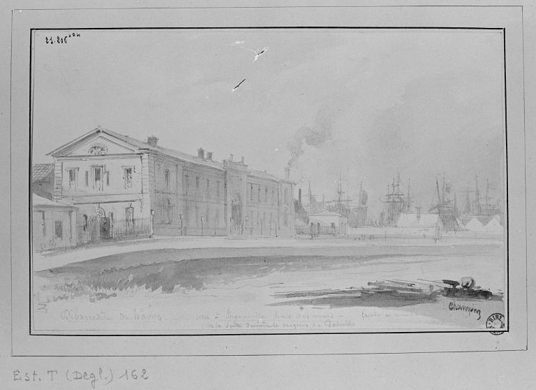 Débarcadère du Havre situé à Ingouville hors les murs. Façade au couchant.- Lavis, par J.-J. Campin, 1847 (BM. Rouen Est T. (Deglatigny) 162).
