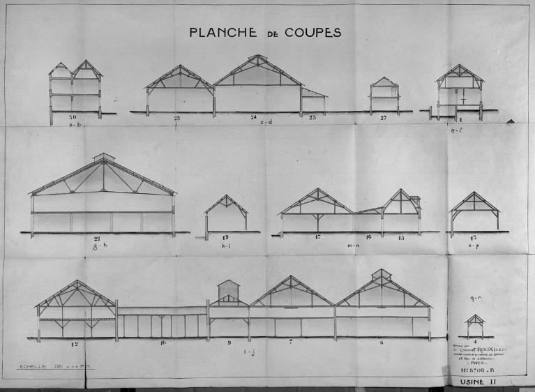 Bâtiment principal de la s.a. des Verreries de Romilly, coupes, par le cabinet Roux, 1924 (Collection particulière).