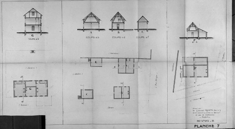 Logements ouvriers de la s.a. des Verreries de Romilly (avenue de l'usine, rue Blingue et sur l'Andelle), plans et coupes, par le cabinet Roux, 1924 (Collection particulière).
