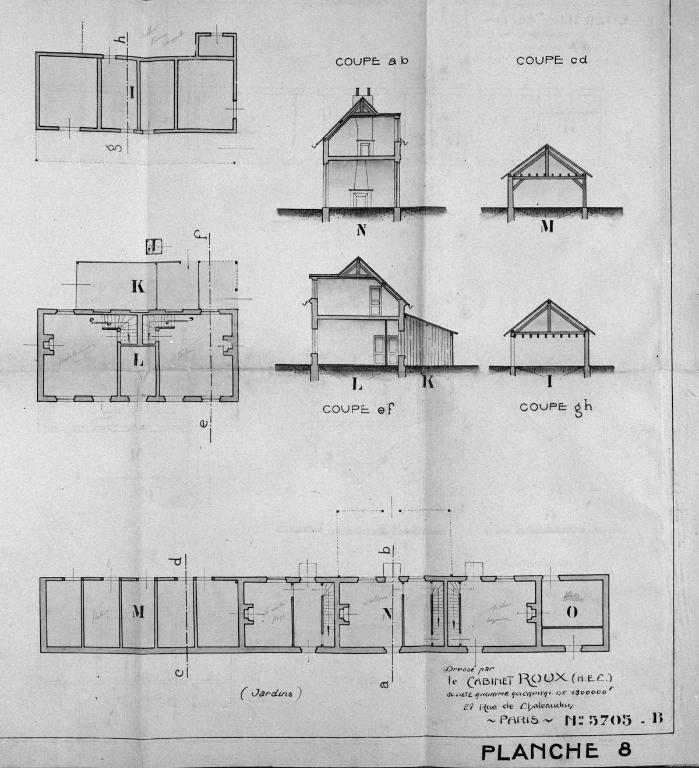 Logements ouvriers de la s.a. des Verreries de Romilly (route des Claques), plans et coupes, par le cabinet Roux, 1924 (Collection particulière).