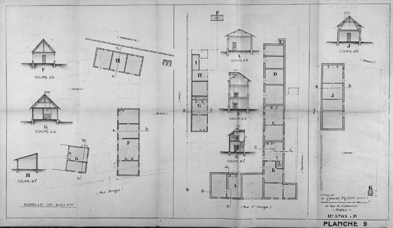Logements ouvriers de la s.a. des Verreries de Romilly (rue Blingue), plans et coupes, par le cabinet Roux, 1924 (Collection particulière).