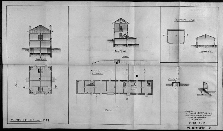 Logements ouvriers de la s.a. des Verreries de Romilly (rue de la gare), plans et coupes, par le cabinet Roux, 1924.