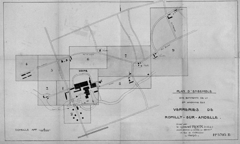 Plan d'ensemble des bâtiments de la s.a. des Verreries de Romilly, par le cabinet Roux, 1924 (Collection particulière).