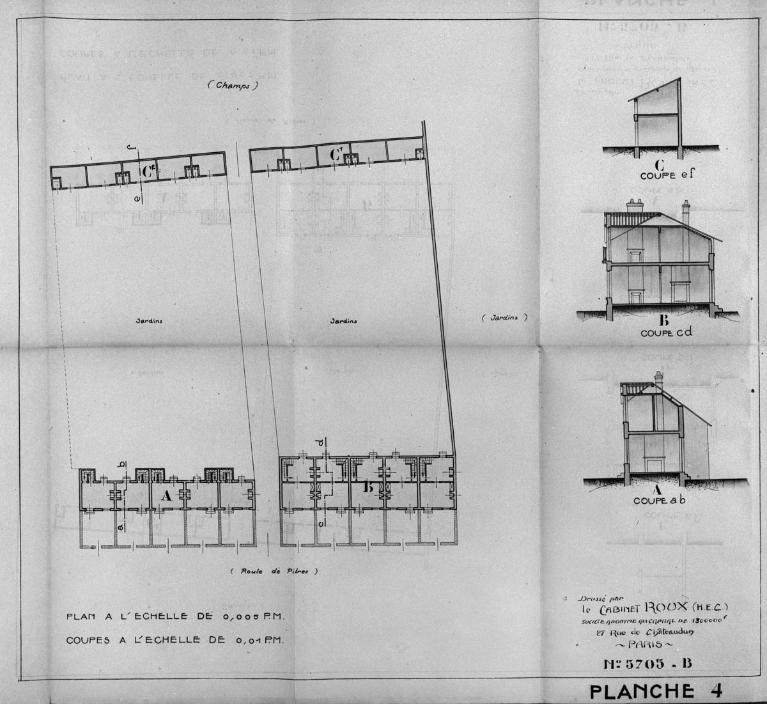 Logements ouvriers de la s.a. des Verreries de Romilly (route de Pîtres), plans et coupes, par le cabinet Roux, 1924 (Collection particulière).