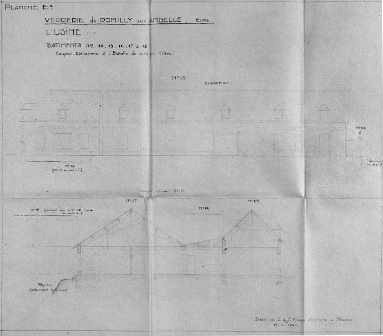 Magasin industriel (bâtiments 14 à 18), plans-coupes-élévations, par E. J. Mauge architecte, 1940 (Collection particulière).
