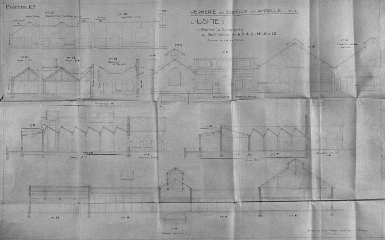 Ateliers princiapaux (bâtiments 6 à 12) , plans-coupes-élévations, par E. J. Mauge architecte, 1940 (Collection particulière).
