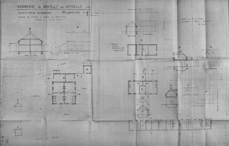 Logements ouvriers (avenue de l'usine et place du Maçonnet), plans-coupes-élévations, par E. J. Mauge architecte, 1940 (Collection particulière).